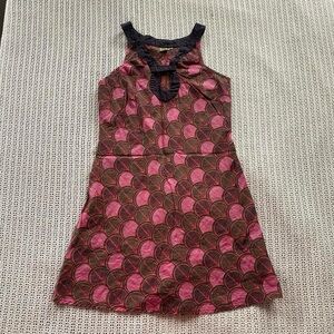 100% Cotton Boho Earthy Pink & Green Leaf Pattern Dress with Keyhole Neckline